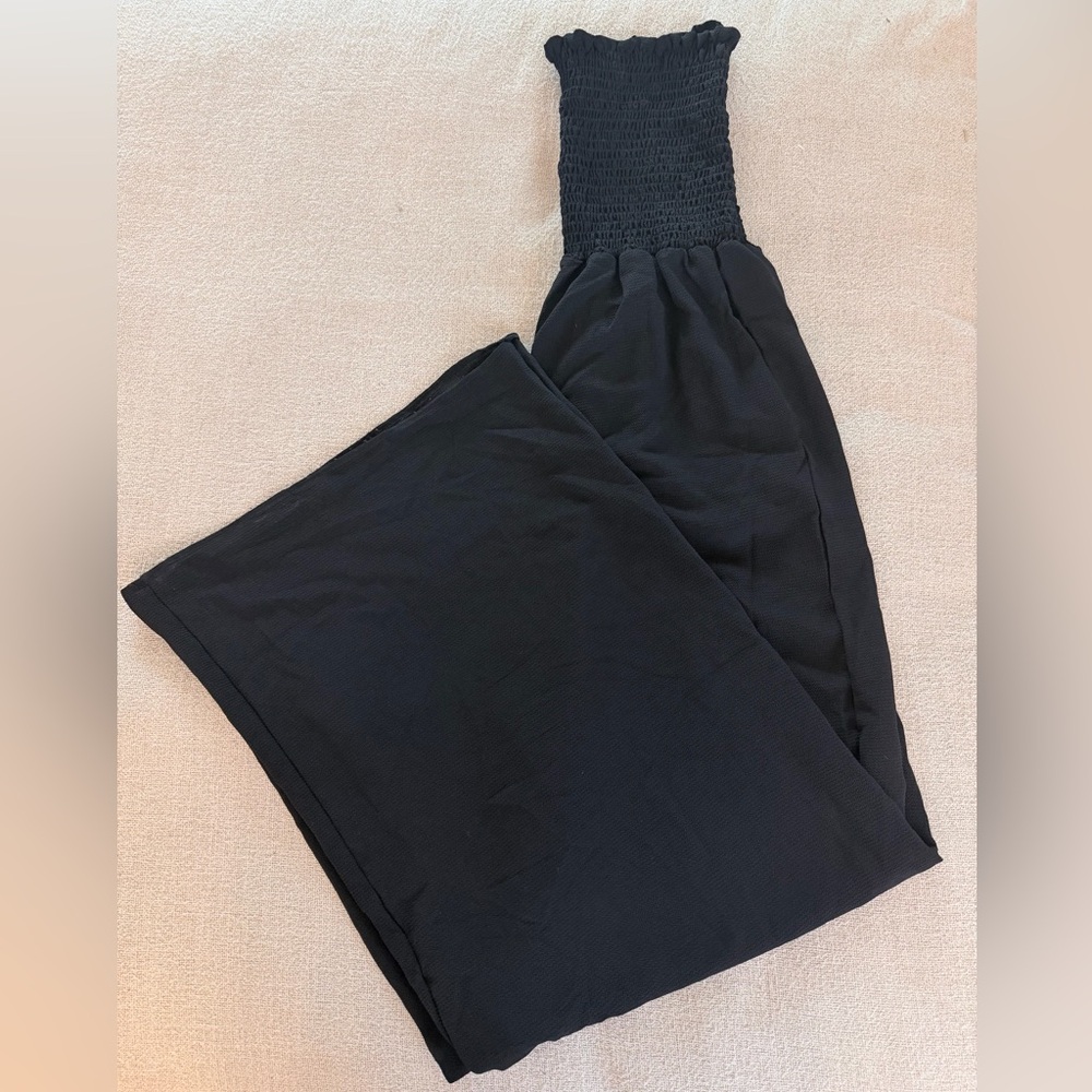 Smocked-Waist Black Wide-Leg Jumpsuit - Picture 2 of 3